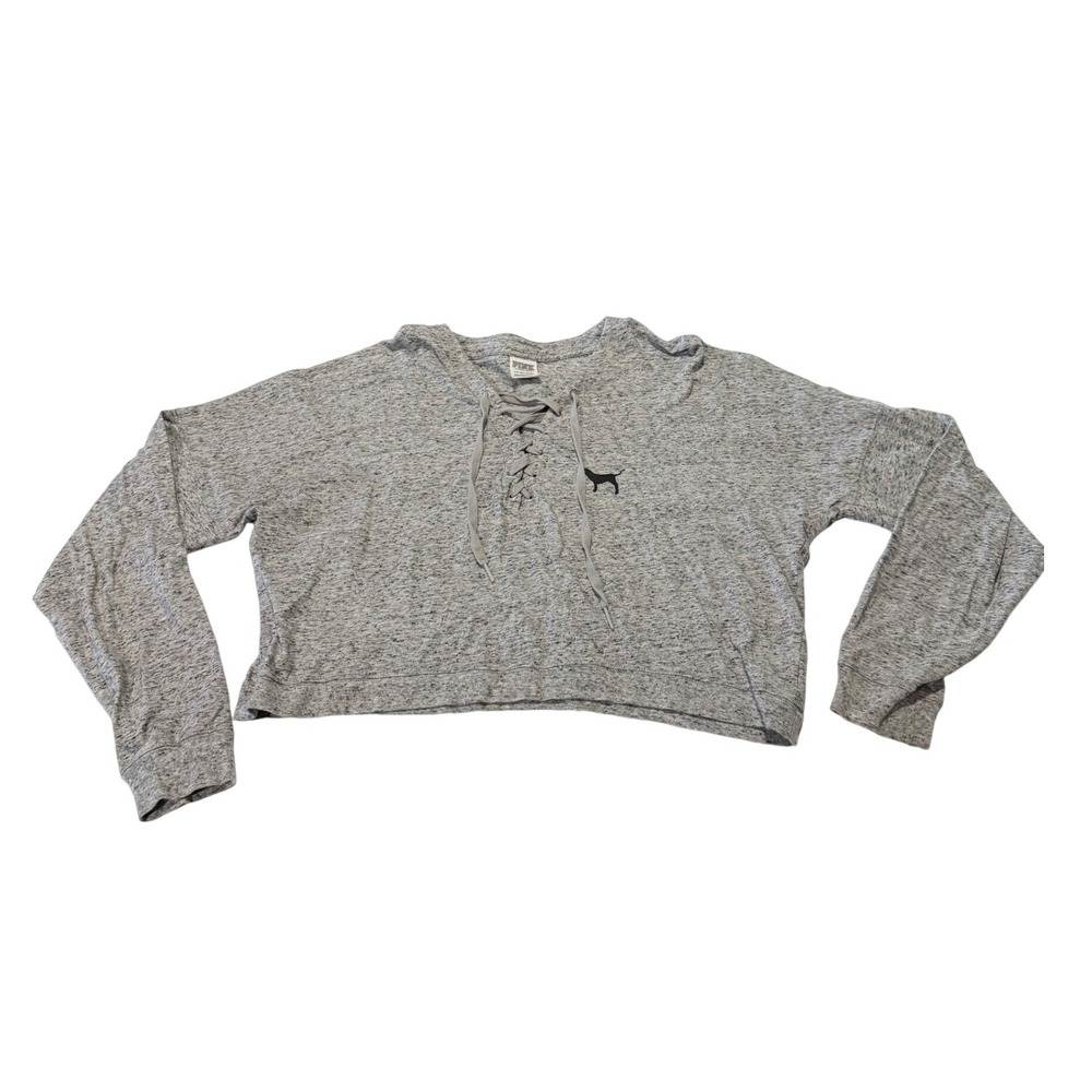 Victorias Secret PINK Gray Lace Up Crop Hoodie Love Pink Graphic Top Small